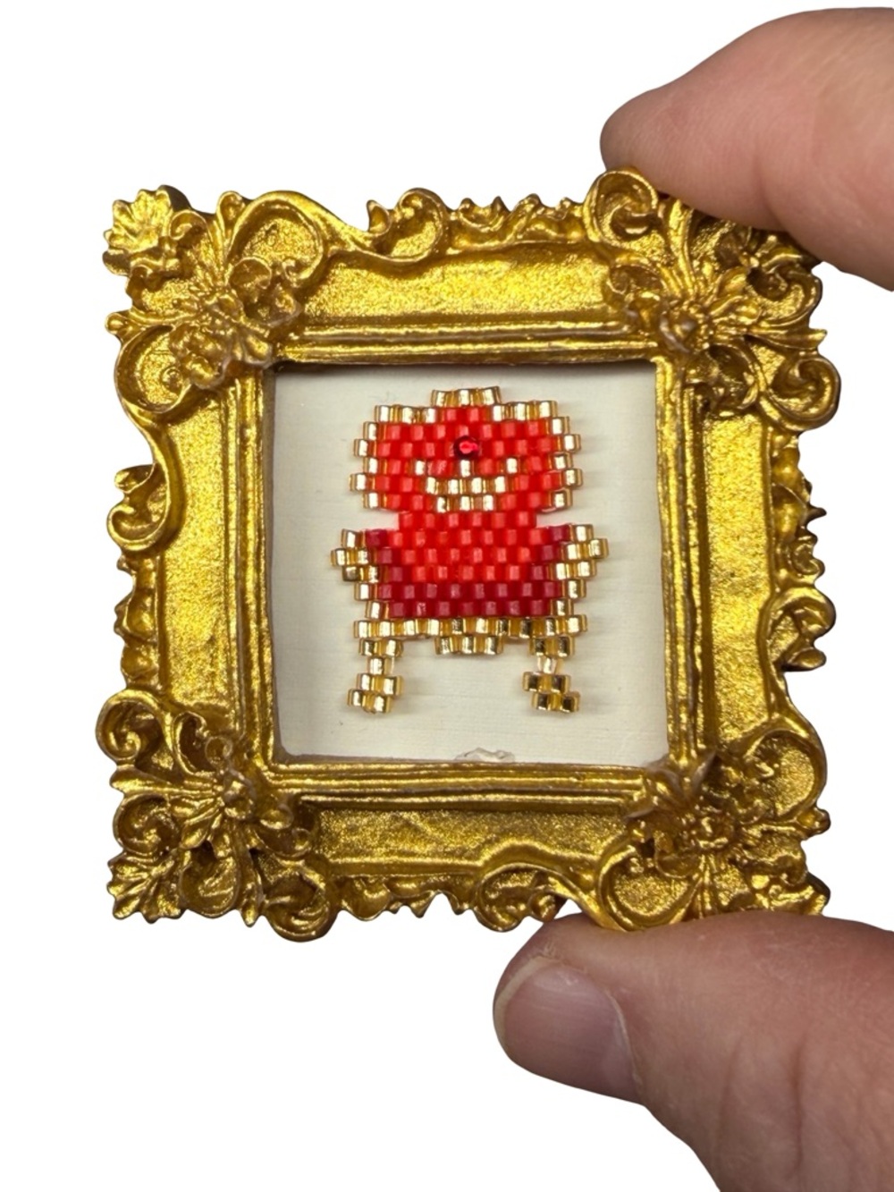Mini Framed Beaded Art Gold Frame Tiny Throne Decor